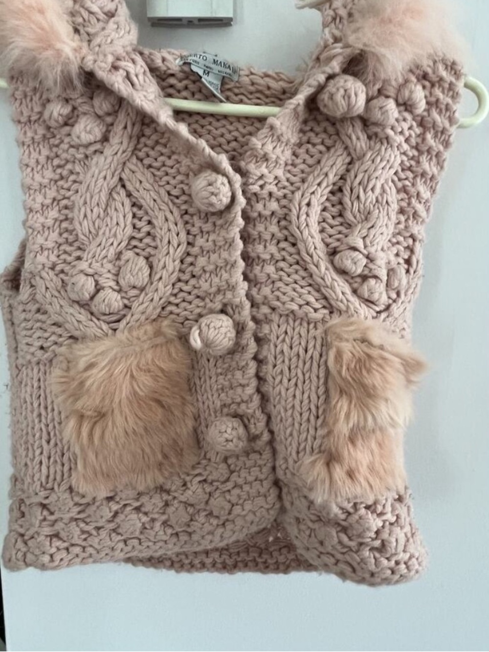 Alberto Makali Vintage Y2K Pink Knit Rabbit Fur Hooded Sweater Vest Size M Boho